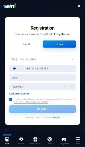 1win app registration Thailand